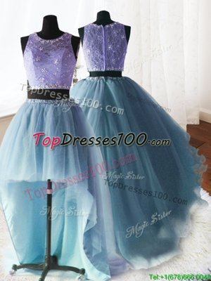 Free and Easy Three Piece Scoop Baby Blue Zipper Quinceanera Gowns Beading and Lace and Ruffles Sleeveless With Brush Train