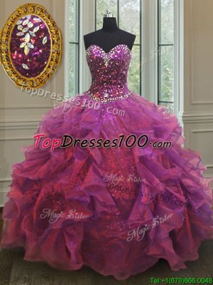 Sweetheart Sleeveless Lace Up 15th Birthday Dress Purple Organza and Sequined