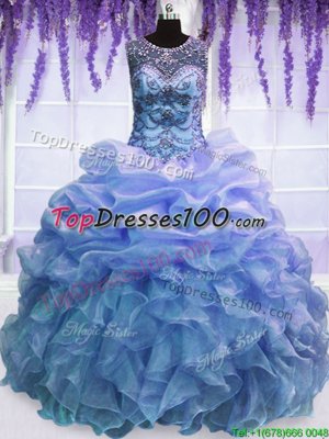 Fitting Scoop Blue Sleeveless Beading and Ruffles Floor Length 15th Birthday Dress
