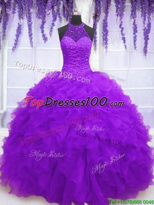 Latest Purple Ball Gowns High-neck Sleeveless Organza Floor Length Lace Up Beading and Ruffles Vestidos de Quinceanera