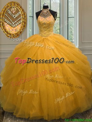 Lace Up 15th Birthday Dress Beading and Ruffles Sleeveless Sweep Train