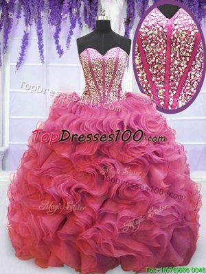 Deluxe Pink Organza Lace Up Sweet 16 Dress Sleeveless Sweep Train Beading and Ruffles