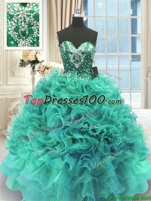 Luxury Sweetheart Sleeveless Sweet 16 Dress Floor Length Beading and Ruffles Turquoise Organza