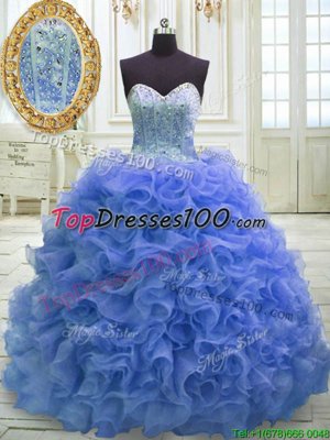 Organza Sweetheart Sleeveless Sweep Train Lace Up Beading and Ruffles Quinceanera Dresses in Blue