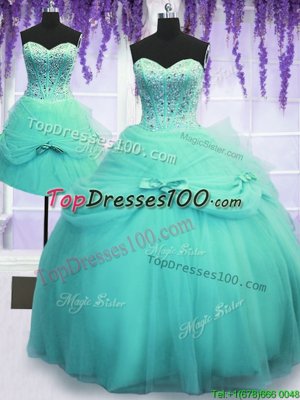 Sweet Three Piece Floor Length Lace Up Sweet 16 Quinceanera Dress Aqua Blue and In for Military Ball and Sweet 16 and Quinceanera with Beading and Bowknot
