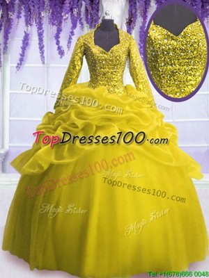 Organza Long Sleeves Floor Length Sweet 16 Dresses and Sequins and Pick Ups
