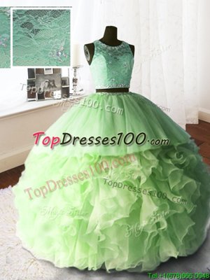 Scoop Organza and Tulle and Lace Sleeveless With Train Ball Gown Prom Dress Brush Train and Beading and Lace and Ruffles