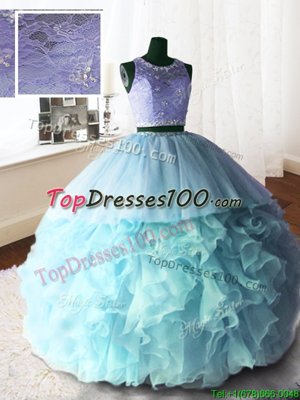 Scoop Sleeveless Brush Train Beading and Lace and Ruffles Zipper Quinceanera Dress
