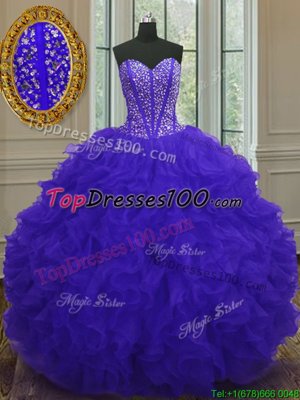 Blue Zipper 15th Birthday Dress Beading and Ruffles Sleeveless Floor Length