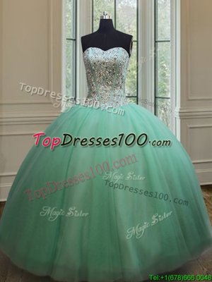Apple Green Ball Gowns Tulle Sweetheart Sleeveless Beading Floor Length Lace Up Sweet 16 Dresses