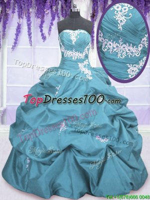 Most Popular Sleeveless Floor Length Appliques and Pick Ups Lace Up Vestidos de Quinceanera with Teal