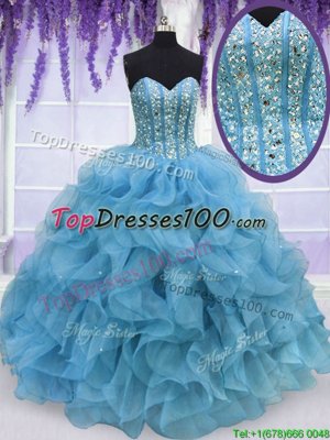 Aqua Blue Ball Gowns Beading and Ruffles Quince Ball Gowns Lace Up Organza Sleeveless Floor Length