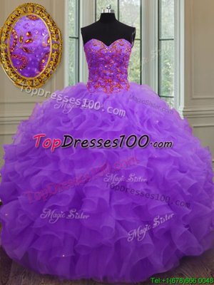 Purple Organza Lace Up 15 Quinceanera Dress Sleeveless Floor Length Beading and Ruffles