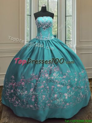Floor Length Teal Sweet 16 Quinceanera Dress Satin Sleeveless Embroidery