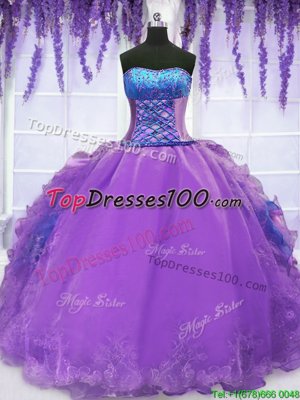Purple Strapless Lace Up Embroidery and Ruffles Sweet 16 Dresses Sleeveless