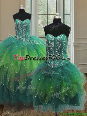 Noble Three Piece Sweetheart Sleeveless Lace Up Quince Ball Gowns Multi-color Tulle