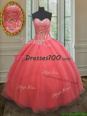 Classical Beading 15 Quinceanera Dress Watermelon Red Lace Up Sleeveless Floor Length
