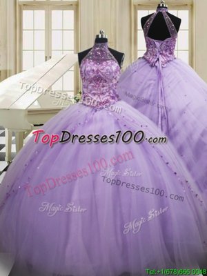 Halter Top Tulle Sleeveless Sweet 16 Dress Sweep Train and Beading and Embroidery
