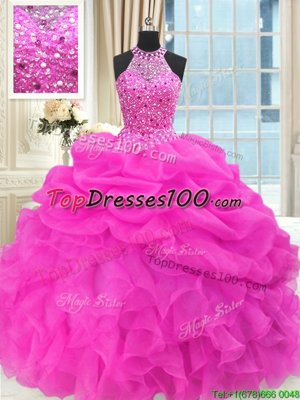 Custom Designed Hot Pink Sleeveless Beading and Pick Ups Floor Length Sweet 16 Dress
