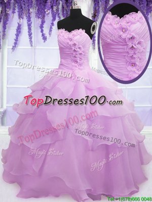 Lilac Sweetheart Neckline Beading and Ruffled Layers and Hand Made Flower Ball Gown Prom Dress Sleeveless Lace Up