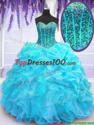 Popular Organza Sweetheart Sleeveless Lace Up Beading and Ruffles and Pick Ups 15 Quinceanera Dress in Aqua Blue