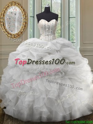 Enchanting Floor Length Lace Up Quinceanera Gowns White and In for Military Ball and Sweet 16 and Quinceanera with Beading and Ruffles and Pick Ups