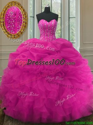 Chic Beading and Ruffles and Pick Ups 15th Birthday Dress Fuchsia Lace Up Sleeveless Floor Length