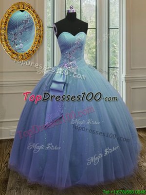 Affordable Blue Lace Up 15th Birthday Dress Beading and Ruching Sleeveless Floor Length