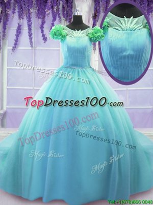 Charming Blue Tulle Lace Up Scoop Short Sleeves Sweet 16 Dress Court Train Hand Made Flower