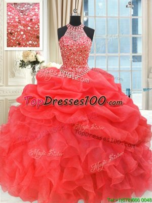 Coral Red Ball Gowns Organza High-neck Sleeveless Beading and Pick Ups Floor Length Lace Up 15th Birthday Dress