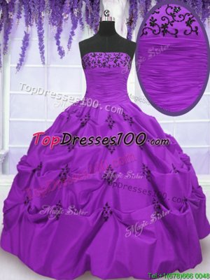 Eggplant Purple Sleeveless Floor Length Embroidery and Pick Ups Lace Up Sweet 16 Quinceanera Dress
