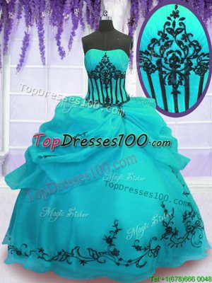 Delicate Turquoise Ball Gowns Strapless Sleeveless Organza Floor Length Lace Up Embroidery Quinceanera Dress