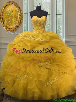 Gold Ball Gowns Sweetheart Sleeveless Organza Floor Length Lace Up Beading and Ruffles and Pick Ups Quince Ball Gowns