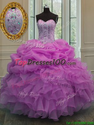 Luxury Four Piece Lavender Ball Gowns Sweetheart Sleeveless Organza Floor Length Lace Up Embroidery and Ruffles and Ruffled Layers and Sashes|ribbons Quinceanera Gowns