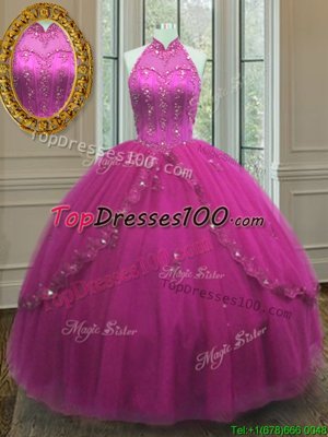 Floor Length Fuchsia Vestidos de Quinceanera Tulle Sleeveless Beading and Appliques