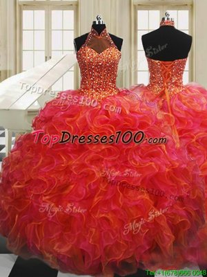 Customized Halter Top Multi-color Ball Gowns Beading and Ruffles Quinceanera Gowns Lace Up Organza Sleeveless Floor Length