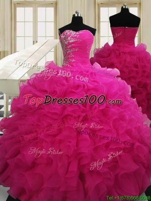 Hot Pink Ball Gowns Beading Quince Ball Gowns Zipper Organza Sleeveless Floor Length