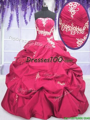 Popular Hot Pink Strapless Lace Up Appliques and Pick Ups Ball Gown Prom Dress Long Sleeves