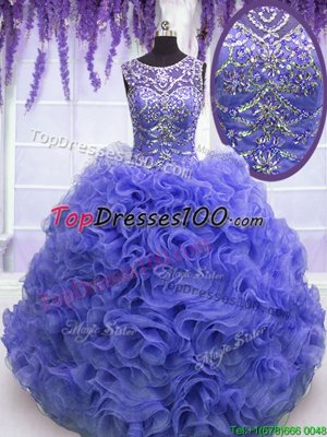 Scoop Purple Sleeveless Organza Lace Up Quince Ball Gowns for Military Ball and Sweet 16 and Quinceanera