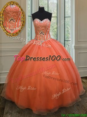 Floor Length Lace Up Vestidos de Quinceanera Orange Red and In for Military Ball and Sweet 16 and Quinceanera with Sequins