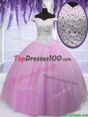 New Arrival Off the Shoulder Short Sleeves Beading Lace Up Sweet 16 Dresses