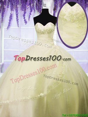 Super Light Yellow Ball Gowns Tulle Sweetheart Sleeveless Appliques Floor Length Lace Up Quinceanera Dresses