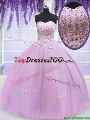 Delicate Lilac Lace Up Quinceanera Gown Beading Sleeveless Floor Length