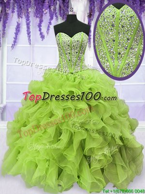 Yellow Green Organza Lace Up 15 Quinceanera Dress Sleeveless Floor Length Beading and Ruffles
