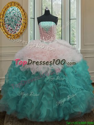 Discount Multi-color Ball Gowns Beading and Ruffles Vestidos de Quinceanera Lace Up Organza Sleeveless Floor Length