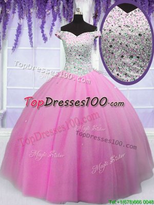 Enchanting Hot Pink Vestidos de Quinceanera Military Ball and Sweet 16 and Quinceanera and For with Beading Off The Shoulder Short Sleeves Lace Up