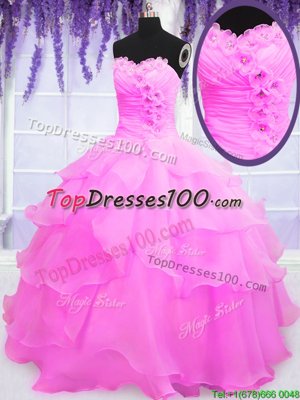 High Quality Hot Pink Sleeveless Floor Length Beading and Ruffled Layers Lace Up Ball Gown Prom Dress