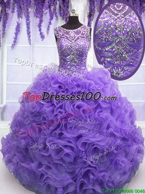 Scoop Lavender Lace Up 15 Quinceanera Dress Beading and Ruffles Sleeveless Floor Length