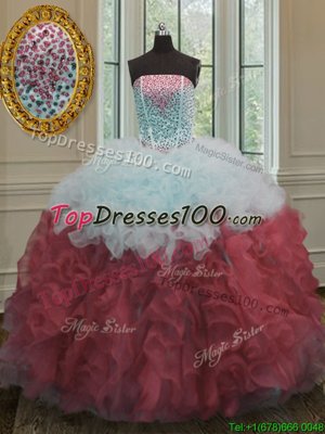 Beading and Ruffles Ball Gown Prom Dress White And Red Lace Up Sleeveless Floor Length