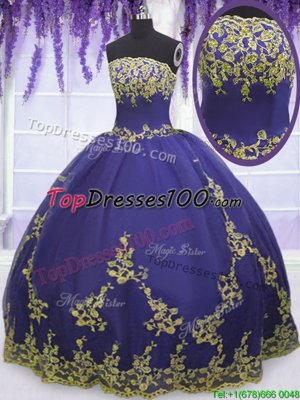 Elegant Sleeveless Tulle Floor Length Zipper 15 Quinceanera Dress in Purple for with Appliques